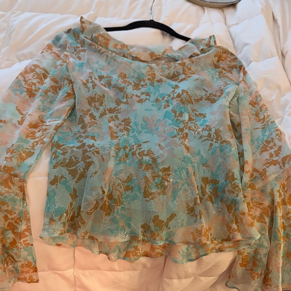 Ice Floral Ruffle Blouse - Teal and Orange - Picture 12 of 12